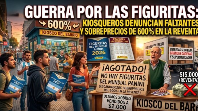 Kiosco de barrio con cartel de agotado y fanáticos reclamando por la falta de figuritas del Mundial 2026 y sobreprecios en la reventa.