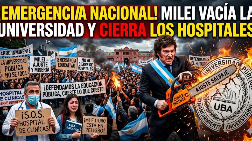 Miniatura dramática de la Marcha Federal Universitaria de mayo de 2026 en Plaza de Mayo, llena de manifestantes con carteles que defienden la educación pública y denuncian el ajuste. A la derecha, Javier Milei con una motosierra cortando un escudo de la UBA. Arriba, el titular peronista y sensacionalista: '¡EMERGENCIA NACIONAL! MILEI VACÍA LA UNIVERSIDAD Y CIERRA LOS HOSPITALES.