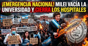 Miniatura dramática de la Marcha Federal Universitaria de mayo de 2026 en Plaza de Mayo, llena de manifestantes con carteles que defienden la educación pública y denuncian el ajuste. A la derecha, Javier Milei con una motosierra cortando un escudo de la UBA. Arriba, el titular peronista y sensacionalista: '¡EMERGENCIA NACIONAL! MILEI VACÍA LA UNIVERSIDAD Y CIERRA LOS HOSPITALES.