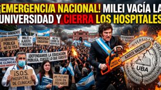 Miniatura dramática de la Marcha Federal Universitaria de mayo de 2026 en Plaza de Mayo, llena de manifestantes con carteles que defienden la educación pública y denuncian el ajuste. A la derecha, Javier Milei con una motosierra cortando un escudo de la UBA. Arriba, el titular peronista y sensacionalista: '¡EMERGENCIA NACIONAL! MILEI VACÍA LA UNIVERSIDAD Y CIERRA LOS HOSPITALES.