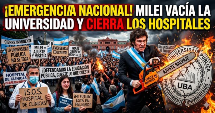 Miniatura dramática de la Marcha Federal Universitaria de mayo de 2026 en Plaza de Mayo, llena de manifestantes con carteles que defienden la educación pública y denuncian el ajuste. A la derecha, Javier Milei con una motosierra cortando un escudo de la UBA. Arriba, el titular peronista y sensacionalista: '¡EMERGENCIA NACIONAL! MILEI VACÍA LA UNIVERSIDAD Y CIERRA LOS HOSPITALES.