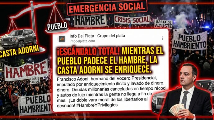 Protestas por hambre y crisis social contrastadas con la casta libertaria y autos de lujo. Imputación a Francisco Adorni por enriquecimiento ilícito y lavado de dinero.