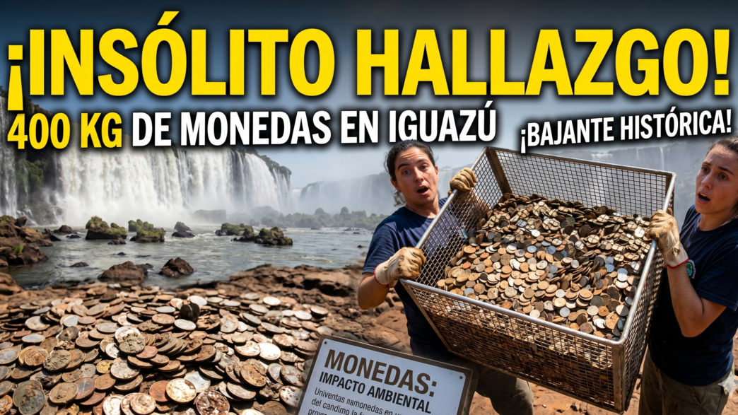Hallazgo de 400 kilos de monedas oxidadas en el lecho del río de las Cataratas del Iguazú tras una bajante histórica.
