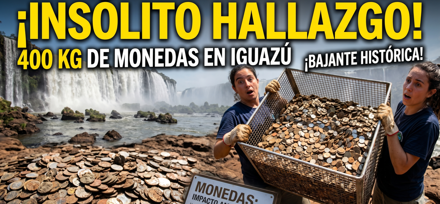 Hallazgo de 400 kilos de monedas oxidadas en el lecho del río de las Cataratas del Iguazú tras una bajante histórica.