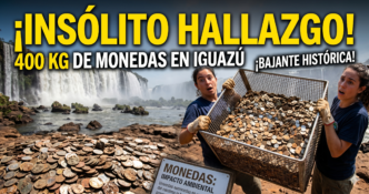Hallazgo de 400 kilos de monedas oxidadas en el lecho del río de las Cataratas del Iguazú tras una bajante histórica.