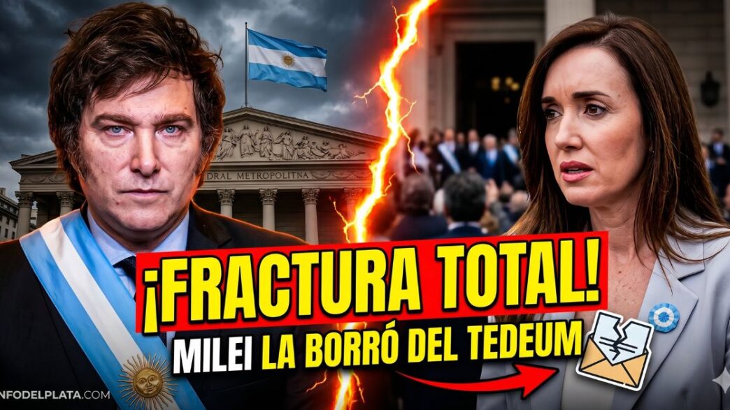 Miniatura sensacionalista de noticia sobre Javier Milei y Victoria Villarruel. A la izquierda, Milei con banda presidencial y expresión severa. A la derecha, Villarruel angustiada. Están separados por un rayo de fractura total. El texto gigante en amarillo y rojo reza: "¡FRACTURA TOTAL! MILEI LA BORRÓ DEL TEDEUM" con un icono de una invitación de papel rota. El fondo es la Catedral Metropolitana bajo un cielo de tormenta, simbolizando la crisis del gobierno de Milei y la emergencia social de los argentinos desprotegidos.