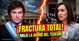 Miniatura sensacionalista de noticia sobre Javier Milei y Victoria Villarruel. A la izquierda, Milei con banda presidencial y expresión severa. A la derecha, Villarruel angustiada. Están separados por un rayo de fractura total. El texto gigante en amarillo y rojo reza: "¡FRACTURA TOTAL! MILEI LA BORRÓ DEL TEDEUM" con un icono de una invitación de papel rota. El fondo es la Catedral Metropolitana bajo un cielo de tormenta, simbolizando la crisis del gobierno de Milei y la emergencia social de los argentinos desprotegidos.