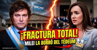 Miniatura sensacionalista de noticia sobre Javier Milei y Victoria Villarruel. A la izquierda, Milei con banda presidencial y expresión severa. A la derecha, Villarruel angustiada. Están separados por un rayo de fractura total. El texto gigante en amarillo y rojo reza: "¡FRACTURA TOTAL! MILEI LA BORRÓ DEL TEDEUM" con un icono de una invitación de papel rota. El fondo es la Catedral Metropolitana bajo un cielo de tormenta, simbolizando la crisis del gobierno de Milei y la emergencia social de los argentinos desprotegidos.