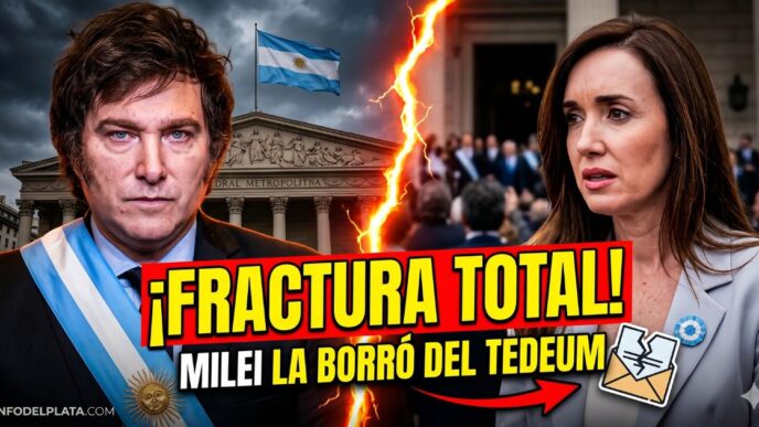Miniatura sensacionalista de noticia sobre Javier Milei y Victoria Villarruel. A la izquierda, Milei con banda presidencial y expresión severa. A la derecha, Villarruel angustiada. Están separados por un rayo de fractura total. El texto gigante en amarillo y rojo reza: "¡FRACTURA TOTAL! MILEI LA BORRÓ DEL TEDEUM" con un icono de una invitación de papel rota. El fondo es la Catedral Metropolitana bajo un cielo de tormenta, simbolizando la crisis del gobierno de Milei y la emergencia social de los argentinos desprotegidos.