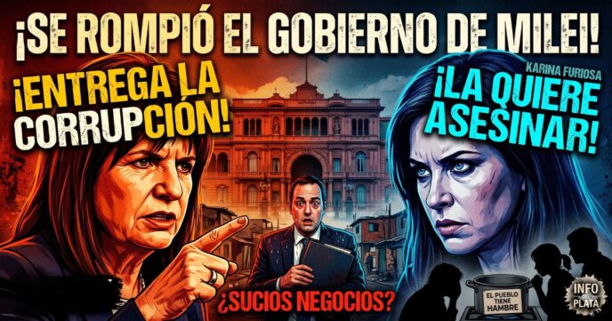 Ilustración de Patricia Bullrich enfrentando a Karina Milei y Manuel Adorni por corrupción en la Casa Rosada mientras el pueblo pasa hambre. Interna libertaria al rojo vivo.
