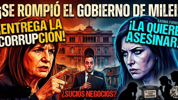 Ilustración de Patricia Bullrich enfrentando a Karina Milei y Manuel Adorni por corrupción en la Casa Rosada mientras el pueblo pasa hambre. Interna libertaria al rojo vivo.