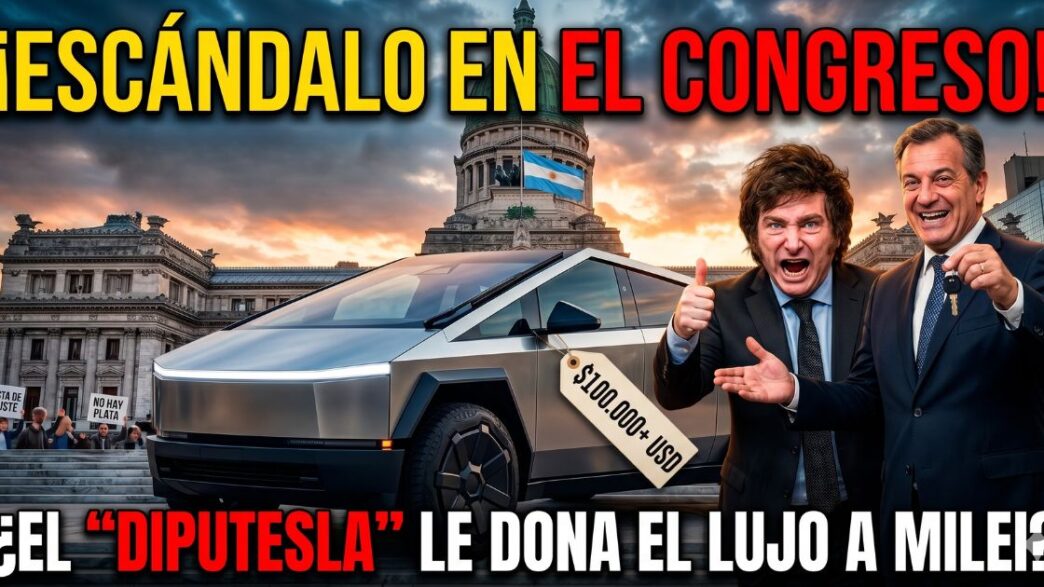 Manuel Quintar y Javier Milei en miniatura de noticias escandalosa junto a Tesla Cybertruck de 100.000 dólares frente al Congreso de la Nación. Manifestantes con pancartas de "basta de ajuste" y "no hay plata" al fondo.