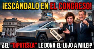 Manuel Quintar y Javier Milei en miniatura de noticias escandalosa junto a Tesla Cybertruck de 100.000 dólares frente al Congreso de la Nación. Manifestantes con pancartas de "basta de ajuste" y "no hay plata" al fondo.
