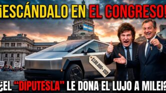 Manuel Quintar y Javier Milei en miniatura de noticias escandalosa junto a Tesla Cybertruck de 100.000 dólares frente al Congreso de la Nación. Manifestantes con pancartas de "basta de ajuste" y "no hay plata" al fondo.