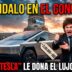 Manuel Quintar y Javier Milei en miniatura de noticias escandalosa junto a Tesla Cybertruck de 100.000 dólares frente al Congreso de la Nación. Manifestantes con pancartas de "basta de ajuste" y "no hay plata" al fondo.