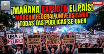 Multitudinaria Marcha Federal Universitaria contra el ajuste de Javier Milei, con estudiantes y docentes sosteniendo carteles de la UBA, UNAHUR y UNLaM en defensa de la educación pública y gratuita.