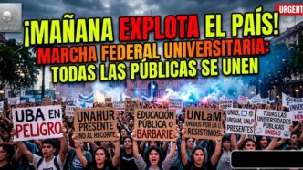 Multitudinaria Marcha Federal Universitaria contra el ajuste de Javier Milei, con estudiantes y docentes sosteniendo carteles de la UBA, UNAHUR y UNLaM en defensa de la educación pública y gratuita.