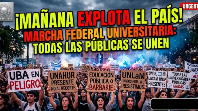 Multitudinaria Marcha Federal Universitaria contra el ajuste de Javier Milei, con estudiantes y docentes sosteniendo carteles de la UBA, UNAHUR y UNLaM en defensa de la educación pública y gratuita.
