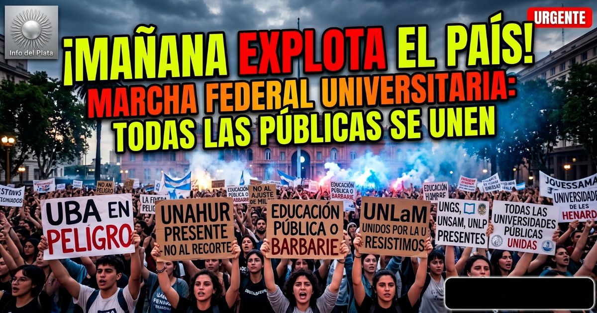 Multitudinaria Marcha Federal Universitaria contra el ajuste de Javier Milei, con estudiantes y docentes sosteniendo carteles de la UBA, UNAHUR y UNLaM en defensa de la educación pública y gratuita.