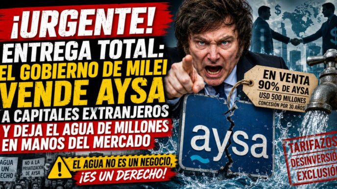Privatización de AySA por el gobierno de Javier Milei. Escándalo y alerta social por la venta del agua en el conurbano y CABA a manos de Luis Caputo.