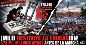 Caricatura de Javier Milei con una motosierra destruyendo la educación pública junto a la masiva marcha universitaria contra el recorte de 78 mil millones.
