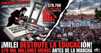 Caricatura de Javier Milei con una motosierra destruyendo la educación pública junto a la masiva marcha universitaria contra el recorte de 78 mil millones.
