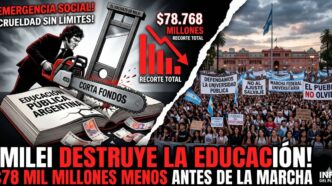 Caricatura de Javier Milei con una motosierra destruyendo la educación pública junto a la masiva marcha universitaria contra el recorte de 78 mil millones.