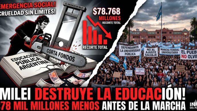 Caricatura de Javier Milei con una motosierra destruyendo la educación pública junto a la masiva marcha universitaria contra el recorte de 78 mil millones.