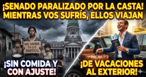 Imagen dividida que muestra el brutal contraste social: una familia sufriendo hambre y ajuste frente al Congreso de la Nación, mientras un político de la casta se va de vacaciones al exterior con pasaporte en mano. Refleja el Senado paralizado.