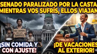 Imagen dividida que muestra el brutal contraste social: una familia sufriendo hambre y ajuste frente al Congreso de la Nación, mientras un político de la casta se va de vacaciones al exterior con pasaporte en mano. Refleja el Senado paralizado.