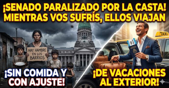 Imagen dividida que muestra el brutal contraste social: una familia sufriendo hambre y ajuste frente al Congreso de la Nación, mientras un político de la casta se va de vacaciones al exterior con pasaporte en mano. Refleja el Senado paralizado.