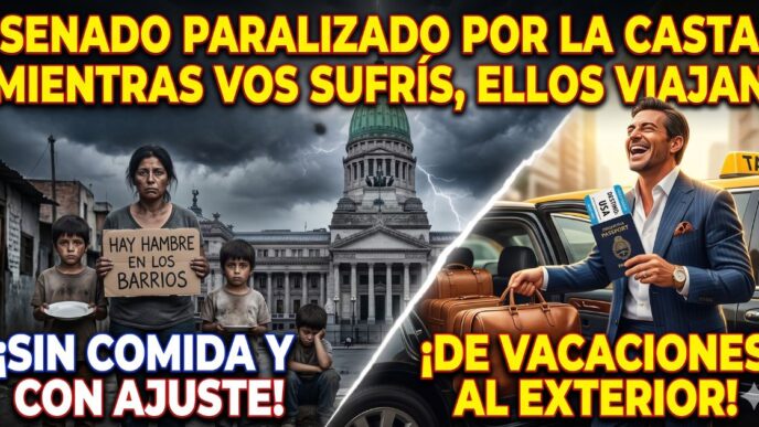 Imagen dividida que muestra el brutal contraste social: una familia sufriendo hambre y ajuste frente al Congreso de la Nación, mientras un político de la casta se va de vacaciones al exterior con pasaporte en mano. Refleja el Senado paralizado.