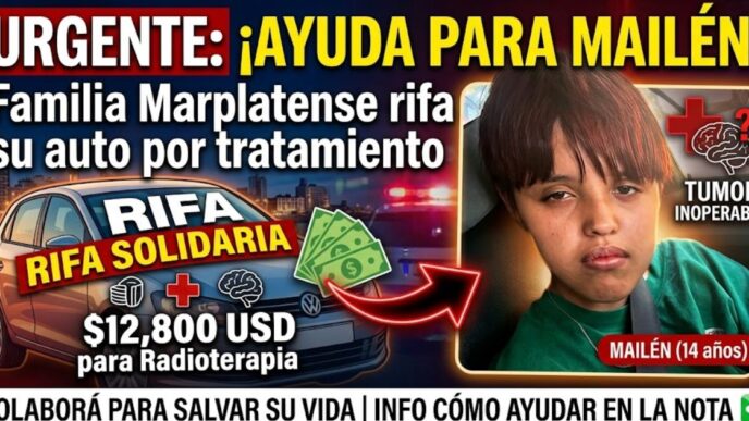 Imagen de campaña solidaria para Mailén, adolescente de Mar del Plata que necesita 12.800 dólares para tratamiento urgente de tumor cerebral. Familia sortea auto.