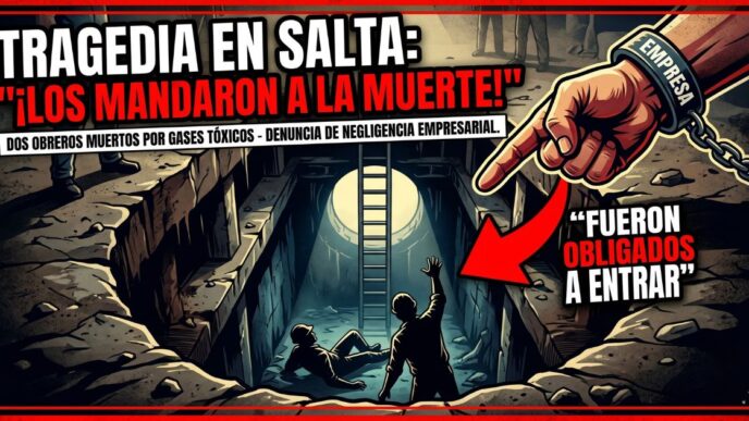 Ilustración de la tragedia en Salta operarios fallecidos en una cloaca por gases tóxicos y denuncia de negligencia.