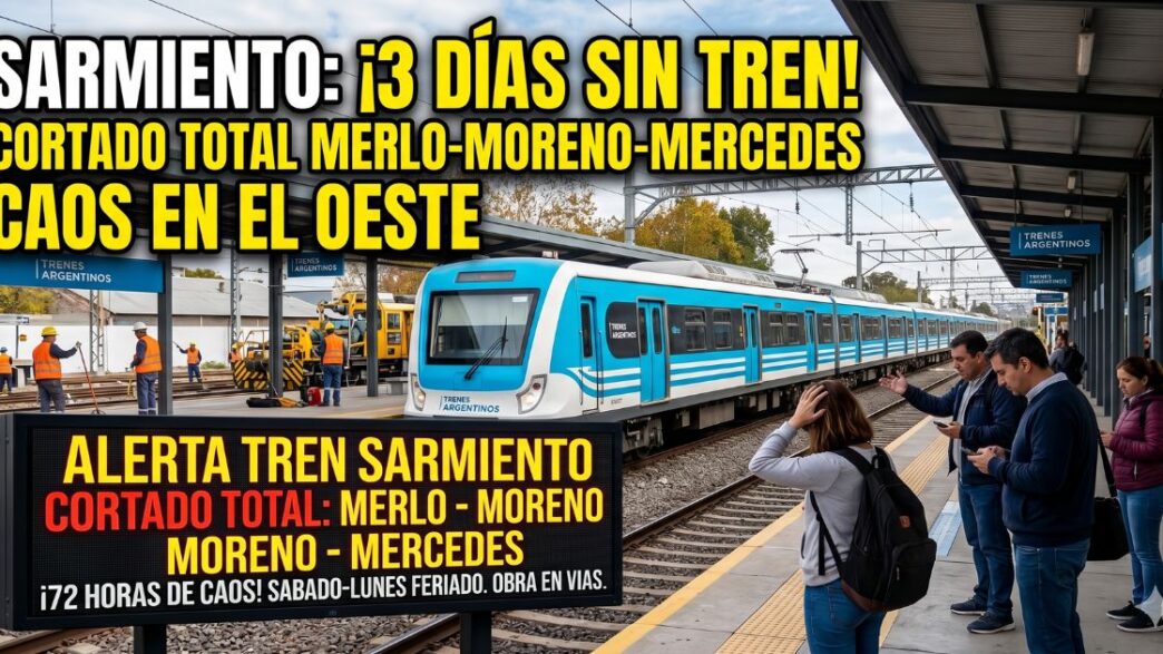 Cartel de alerta máxima por el corte total del Tren Sarmiento entre Merlo y Moreno durante 72 horas.