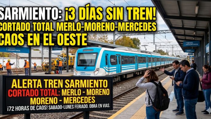 Cartel de alerta máxima por el corte total del Tren Sarmiento entre Merlo y Moreno durante 72 horas.