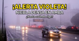 Fotografía de autos circulando con mínima visibilidad por intensa niebla en una autopista del AMBA bajo advertencia violeta del Servicio Meteorológico Nacional.