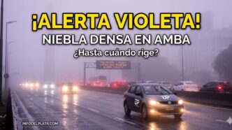 Fotografía de autos circulando con mínima visibilidad por intensa niebla en una autopista del AMBA bajo advertencia violeta del Servicio Meteorológico Nacional.