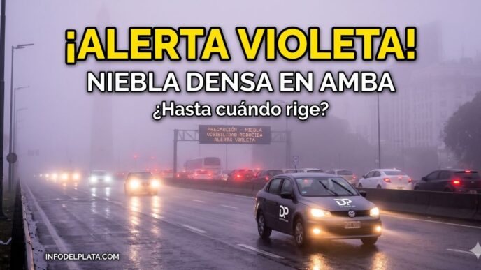 Fotografía de autos circulando con mínima visibilidad por intensa niebla en una autopista del AMBA bajo advertencia violeta del Servicio Meteorológico Nacional.