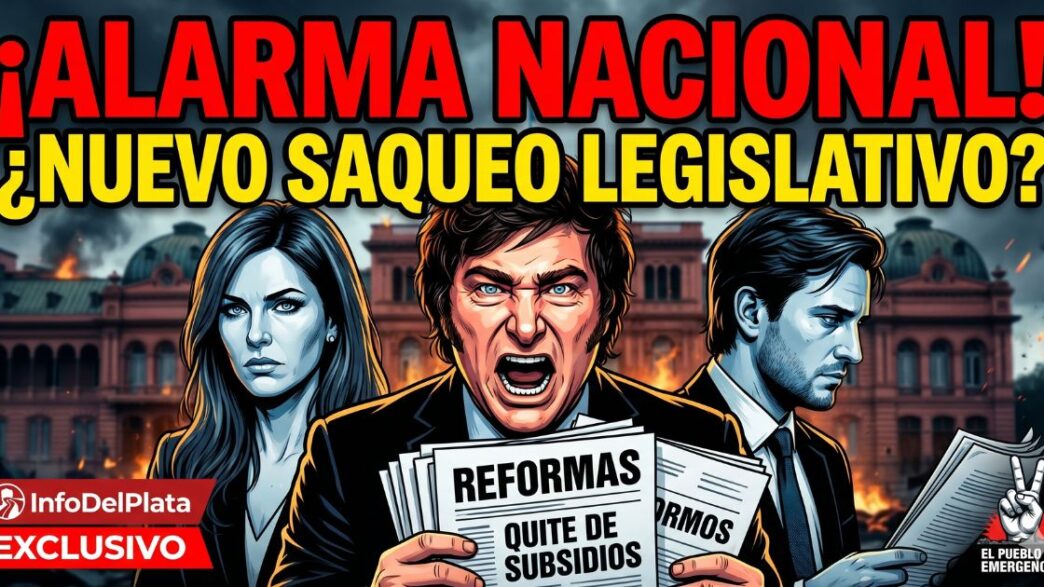Caricatura de Javier Milei con leyes de ajuste y quita de subsidios frente al Congreso. Alarma nacional por un nuevo saqueo legislativo contra el pueblo.