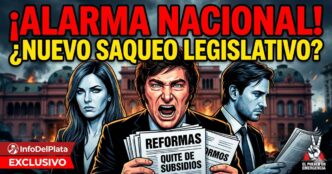 Caricatura de Javier Milei con leyes de ajuste y quita de subsidios frente al Congreso. Alarma nacional por un nuevo saqueo legislativo contra el pueblo.