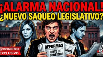 Caricatura de Javier Milei con leyes de ajuste y quita de subsidios frente al Congreso. Alarma nacional por un nuevo saqueo legislativo contra el pueblo.