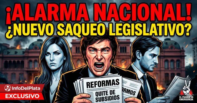 Caricatura de Javier Milei con leyes de ajuste y quita de subsidios frente al Congreso. Alarma nacional por un nuevo saqueo legislativo contra el pueblo.