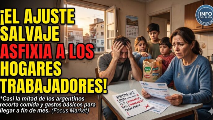 Familia trabajadora desesperada revisando facturas impagables y una lista de compras con alimentos recortados debido al brutal ajuste salvaje.