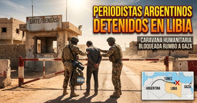 Ilustración de un tenso puesto de control militar en Libia donde soldados detienen a un civil. Incluye el cartel urgente "Periodistas Argentinos Detenidos en Libia" y un mapa con la ruta de la caravana humanitaria bloqueada rumbo a Gaza.