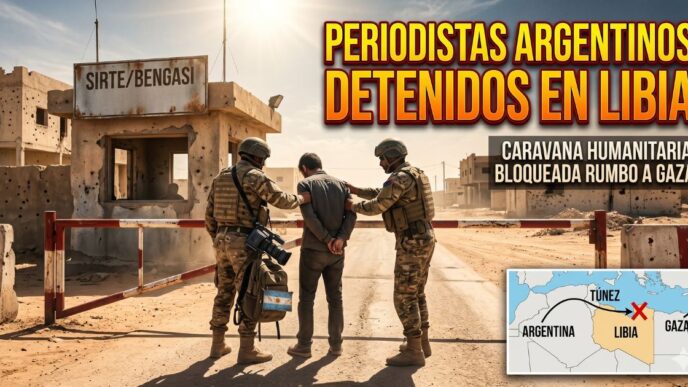 Ilustración de un tenso puesto de control militar en Libia donde soldados detienen a un civil. Incluye el cartel urgente "Periodistas Argentinos Detenidos en Libia" y un mapa con la ruta de la caravana humanitaria bloqueada rumbo a Gaza.