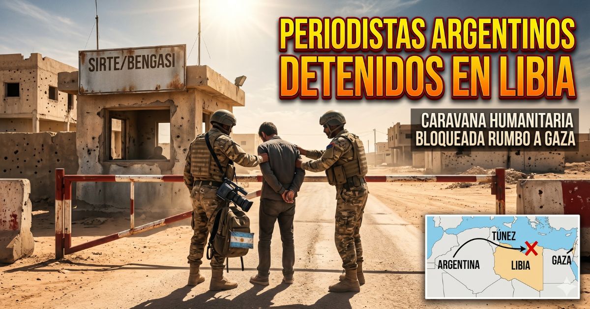 Ilustración de un tenso puesto de control militar en Libia donde soldados detienen a un civil. Incluye el cartel urgente "Periodistas Argentinos Detenidos en Libia" y un mapa con la ruta de la caravana humanitaria bloqueada rumbo a Gaza.