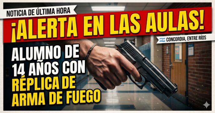 Mano sosteniendo una réplica de arma en escuela secundaria de Entre Ríos. Alerta en las aulas por alumno de 14 años.