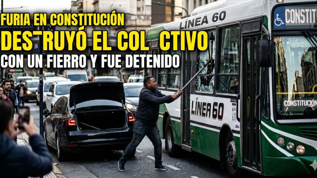 Conductor furioso destroza a palazos un colectivo de la Línea 60 en Plaza Constitución tras una discusión de tránsito.