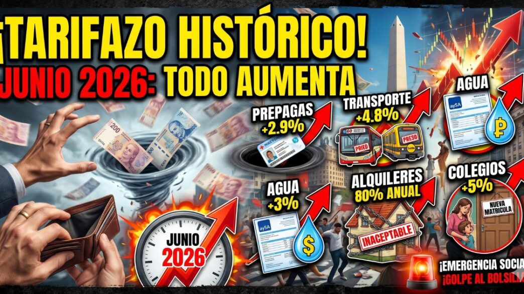 Billetera vacía y billetes volando en medio del caos por los aumentos de junio 2026. Ilustración del tarifazo histórico en prepagas, transporte público, alquileres y agua que genera emergencia social.